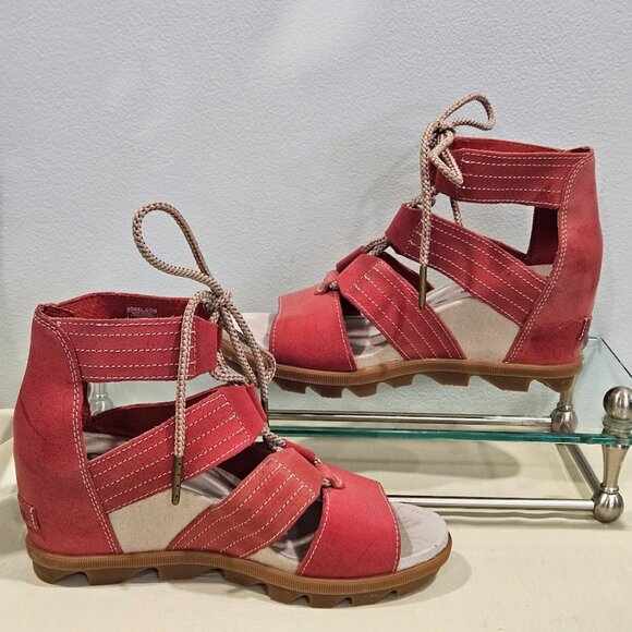 Sorel Joanie Red LL5347-602O pen Toe Cut Out Hi Wedge Heel Sandals Red Size 8.5 - Picture 2 of 14